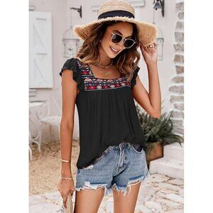 NWT Boho Shirt Womens Medium Embroidered Babydoll Top Black Ruffle Sleeve Summer